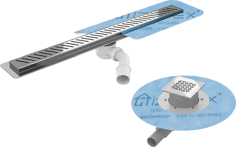 İZOTEX duş kanalları ve süzgeçler için tasarlanmış su yalıtım membranı.